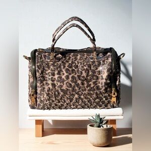 Elegant Cheetah Print Ladies Nylon Satchel Rhinestone Studs Incl Crossbody Strap